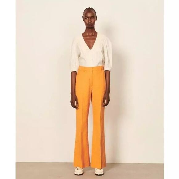 Sandro Laurel Trousers Orange Pants High Rise Wide Leg Sz 38 FR / 6 US - Picture 1 of 12
